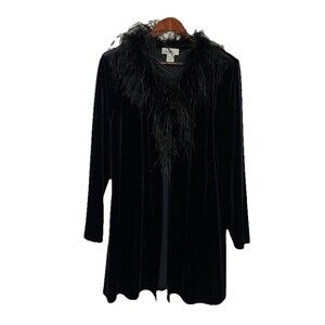 Patra Vintage Womens Large Black Velvet Open Front Feather Lined Cardigan